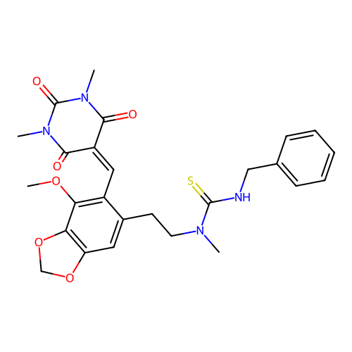 3-benzyl-1-(2-(6-((1,3-dimethyl-2,4,6-trioxotetrahydropyrimidin-5(2H)-ylidene)methyl)-7-methoxybenzo[d][1,3]dioxol-5-yl)ethyl)-1-methylthiourea structure