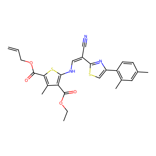 (Z)-2-allyl 4-ethyl 5-((2-cyano-2-(4-(2,4-dimethylphenyl)thiazol-2-yl)vinyl)amino)-3-methylthiophene-2,4-dicarboxylate structure