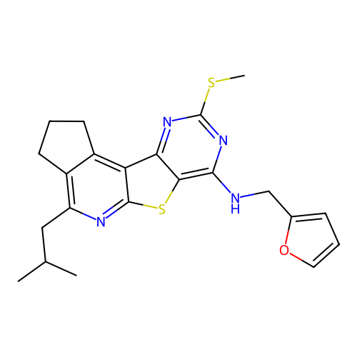 N-(furan-2-ylmethyl)-4-(2-methylpropyl)-9-(methylsulfanyl)-2,3-dihydro-1H-cyclopenta[4',5']pyrido[3',2':4,5]thieno[3,2-d]pyrimidin-7-amine structure