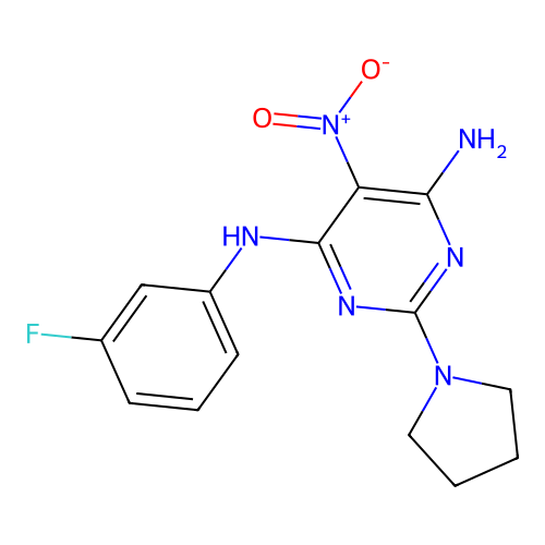 (6-Amino-5-nitro-2-pyrrolidinylpyrimidin-4-yl)(3-fluorophenyl)amine structure