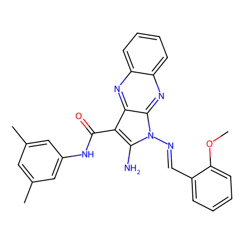 (E)-2-amino-N-(3,5-dimethylphenyl)-1-((2-methoxybenzylidene)amino)-1H-pyrrolo[2,3-b]quinoxaline-3-carboxamide structure