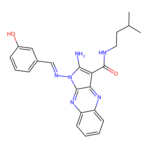 (E)-2-amino-1-((3-hydroxybenzylidene)amino)-N-isopentyl-1H-pyrrolo[2,3-b]quinoxaline-3-carboxamide structure