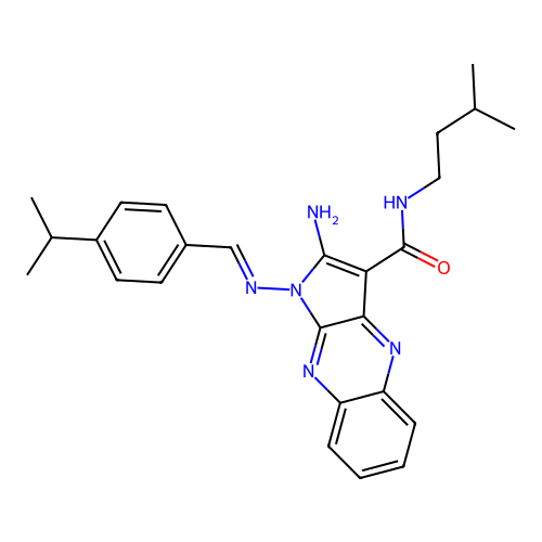 (E)-2-amino-N-isopentyl-1-((4-isopropylbenzylidene)amino)-1H-pyrrolo[2,3-b]quinoxaline-3-carboxamide structure