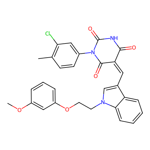 (5Z)-1-(3-chloro-4-methylphenyl)-5-[[1-[2-(3-methoxyphenoxy)ethyl]indol-3-yl]methylidene]-1,3-diazinane-2,4,6-trione structure