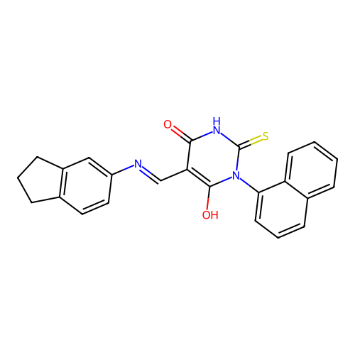 (5E)-5-[(2,3-dihydro-1H-inden-5-ylamino)methylidene]-1-naphthalen-1-yl-2-sulfanylidene-1,3-diazinane-4,6-dione structure