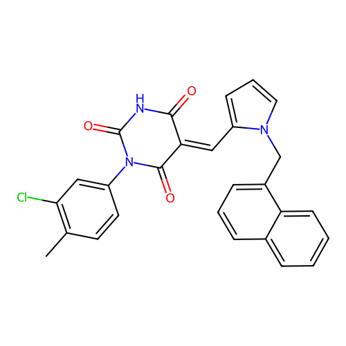 (5E)-1-(3-chloro-4-methylphenyl)-5-{[1-(naphthalen-1-ylmethyl)-1H-pyrrol-2-yl]methylidene}pyrimidine-2,4,6(1H,3H,5H)-trione structure