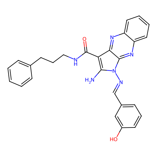 (E)-2-amino-1-((3-hydroxybenzylidene)amino)-N-(3-phenylpropyl)-1H-pyrrolo[2,3-b]quinoxaline-3-carboxamide structure
