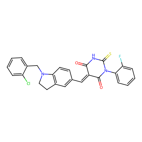 (5E)-5-[[1-[(2-chlorophenyl)methyl]-2,3-dihydroindol-5-yl]methylidene]-1-(2-fluorophenyl)-2-sulfanylidene-1,3-diazinane-4,6-dione structure