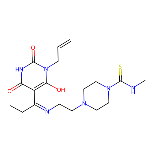 (E)-4-(2-((1-(1-allyl-2,4,6-trioxotetrahydropyrimidin-5(2H)-ylidene)propyl)amino)ethyl)-N-methylpiperazine-1-carbothioamide structure