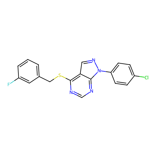 1-(4-chlorophenyl)-4-[(3-fluorobenzyl)sulfanyl]-1H-pyrazolo[3,4-d]pyrimidine structure