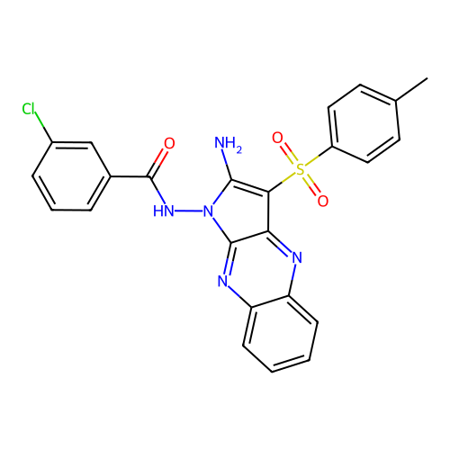 N-(2-amino-3-tosyl-1H-pyrrolo[2,3-b]quinoxalin-1-yl)-3-chlorobenzamide structure