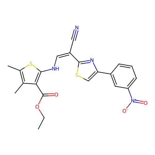 (Z)-ethyl 2-((2-cyano-2-(4-(3-nitrophenyl)thiazol-2-yl)vinyl)amino)-4,5-dimethylthiophene-3-carboxylate structure