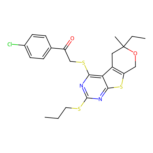 1-(4-chlorophenyl)-2-((6-ethyl-6-methyl-2-(propylthio)-6,8-dihydro-5H-pyrano[4',3':4,5]thieno[2,3-d]pyrimidin-4-yl)thio)ethanone structure