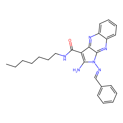 (E)-2-amino-1-(benzylideneamino)-N-heptyl-1H-pyrrolo[2,3-b]quinoxaline-3-carboxamide structure