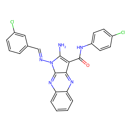 (E)-2-amino-1-((3-chlorobenzylidene)amino)-N-(4-chlorophenyl)-1H-pyrrolo[2,3-b]quinoxaline-3-carboxamide structure