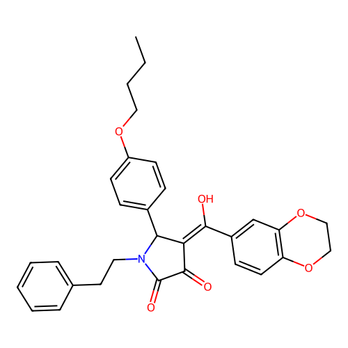 (4E)-5-(4-butoxyphenyl)-4-[2,3-dihydro-1,4-benzodioxin-6-yl(hydroxy)methylidene]-1-(2-phenylethyl)pyrrolidine-2,3-dione structure
