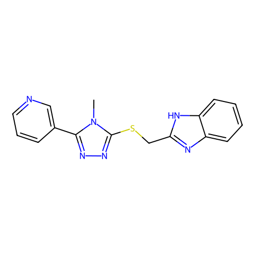 2-(((4-methyl-5-(pyridin-3-yl)-4H-1,2,4-triazol-3-yl)thio)methyl)-1H-benzo[d]imidazole structure