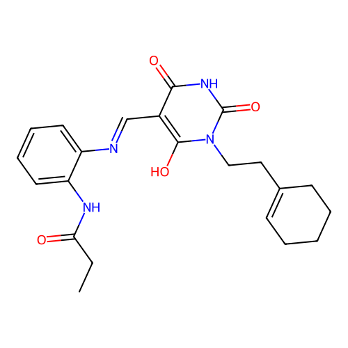 (E)-N-(2-(((1-(2-(cyclohex-1-en-1-yl)ethyl)-2,4,6-trioxotetrahydropyrimidin-5(2H)-ylidene)methyl)amino)phenyl)propionamide structure