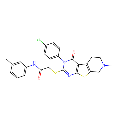 2-((3-(4-chlorophenyl)-7-methyl-4-oxo-3,4,5,6,7,8-hexahydropyrido[4',3':4,5]thieno[2,3-d]pyrimidin-2-yl)thio)-N-(m-tolyl)acetamide structure