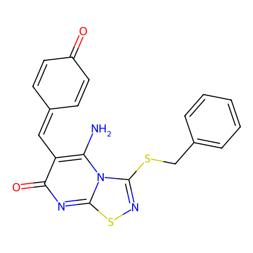(6Z)-3-(benzylsulfanyl)-6-(4-hydroxybenzylidene)-5-imino-5,6-dihydro-7H-[1,2,4]thiadiazolo[4,5-a]pyrimidin-7-one structure