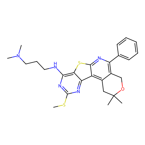 N'-[2,2-dimethyl-10-(methylsulfanyl)-5-phenyl-1,4-dihydro-2H-pyrano[4'',3'':4',5']pyrido[3',2':4,5]thieno[3,2-d]pyrimidin-8-yl]-N,N-dimethylpropane-1,3-diamine structure