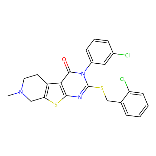 2-((2-chlorobenzyl)thio)-3-(3-chlorophenyl)-7-methyl-5,6,7,8-tetrahydropyrido[4',3':4,5]thieno[2,3-d]pyrimidin-4(3H)-one structure