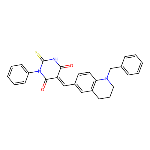 (5E)-5-[(1-benzyl-1,2,3,4-tetrahydroquinolin-6-yl)methylidene]-1-phenyl-2-sulfanylpyrimidine-4,6(1H,5H)-dione structure