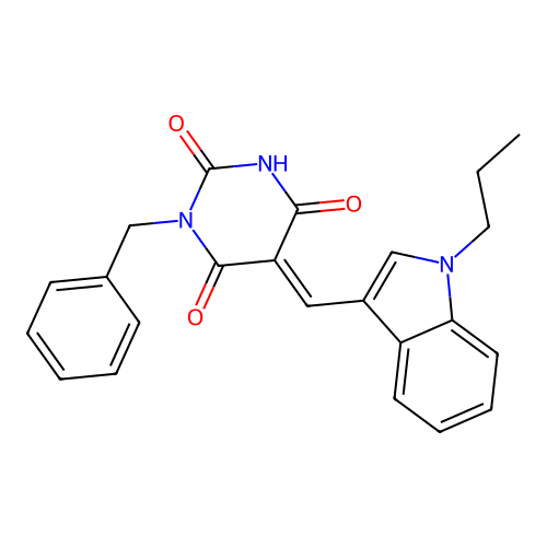 (E)-1-benzyl-5-((1-propyl-1H-indol-3-yl)methylene)pyrimidine-2,4,6(1H,3H,5H)-trione structure