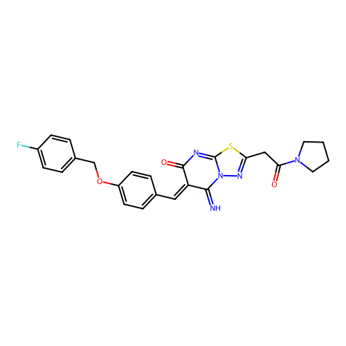(6Z)-6-[[4-[(4-fluorophenyl)methoxy]phenyl]methylidene]-5-imino-2-(2-oxo-2-pyrrolidin-1-ylethyl)-[1,3,4]thiadiazolo[3,2-a]pyrimidin-7-one structure