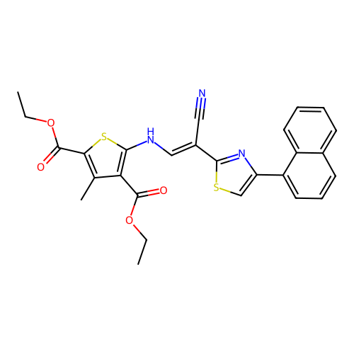 (E)-diethyl 5-((2-cyano-2-(4-(naphthalen-1-yl)thiazol-2-yl)vinyl)amino)-3-methylthiophene-2,4-dicarboxylate structure