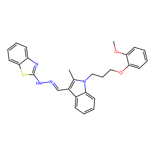 (2Z)-2-[(2E)-({1-[3-(2-methoxyphenoxy)propyl]-2-methyl-1H-indol-3-yl}methylidene)hydrazinylidene]-2,3-dihydro-1,3-benzothiazole structure