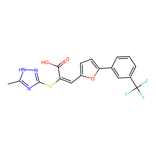 (2E)-2-[(3-methyl-1H-1,2,4-triazol-4-ium-5-yl)sulfanyl]-3-{5-[3-(trifluoromethyl)phenyl]furan-2-yl}prop-2-enoate structure