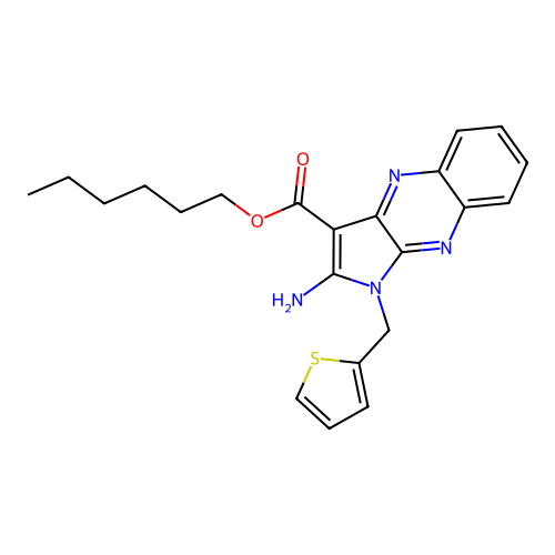 hexyl 2-amino-1-(thiophen-2-ylmethyl)-1H-pyrrolo[2,3-b]quinoxaline-3-carboxylate structure