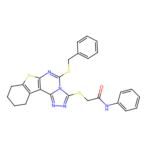 2-((5-(benzylthio)-8,9,10,11-tetrahydrobenzo[4,5]thieno[3,2-e][1,2,4]triazolo[4,3-c]pyrimidin-3-yl)thio)-N-phenylacetamide structure