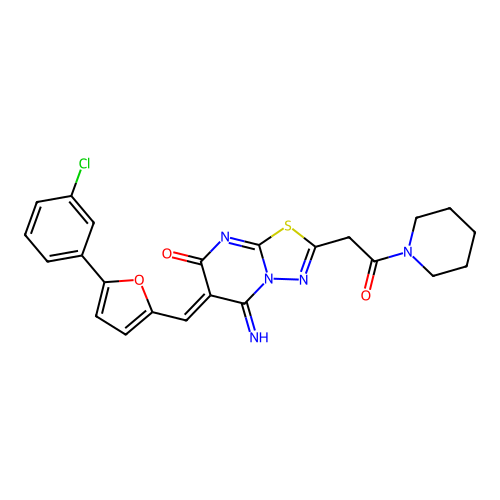 (6Z)-6-[[5-(3-chlorophenyl)furan-2-yl]methylidene]-5-imino-2-(2-oxo-2-piperidin-1-ylethyl)-[1,3,4]thiadiazolo[3,2-a]pyrimidin-7-one structure