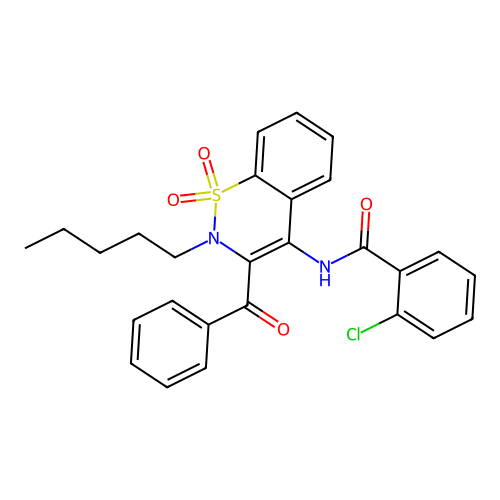 N-(3-benzoyl-1,1-dioxido-2-pentyl-2H-1,2-benzothiazin-4-yl)-2-chlorobenzamide structure