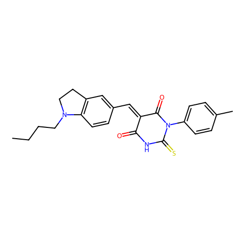 (5E)-5-[(1-butyl-2,3-dihydro-1H-indol-5-yl)methylidene]-1-(4-methylphenyl)-2-sulfanylpyrimidine-4,6(1H,5H)-dione structure