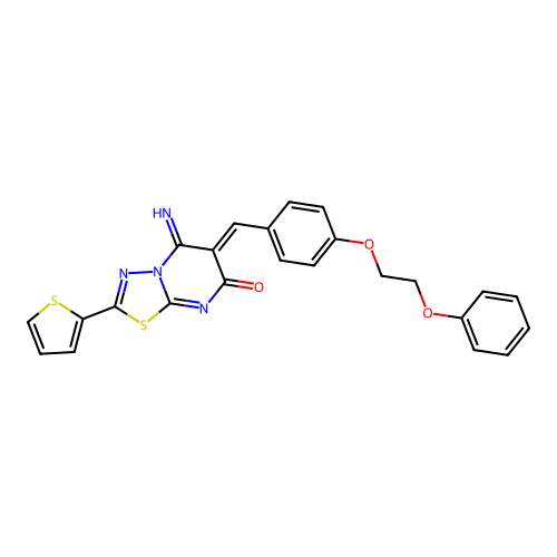 (6Z)-5-imino-6-[[4-(2-phenoxyethoxy)phenyl]methylidene]-2-thiophen-2-yl-[1,3,4]thiadiazolo[3,2-a]pyrimidin-7-one structure