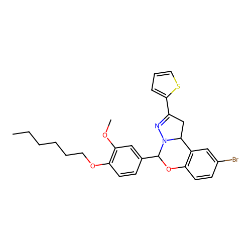 9-bromo-5-(4-(hexyloxy)-3-methoxyphenyl)-2-(thiophen-2-yl)-5,10b-dihydro-1H-benzo[e]pyrazolo[1,5-c][1,3]oxazine structure
