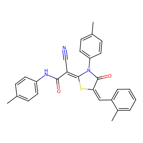 (2Z)-2-cyano-2-[(5E)-5-(2-methylbenzylidene)-3-(4-methylphenyl)-4-oxo-1,3-thiazolidin-2-ylidene]-N-(4-methylphenyl)ethanamide structure