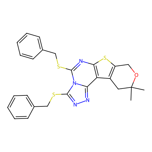 3,5-bis(benzylsulfanyl)-10,10-dimethyl-10,11-dihydro-8H-pyrano[4',3':4,5]thieno[3,2-e][1,2,4]triazolo[4,3-c]pyrimidine structure