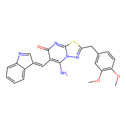 (6Z)-2-(3,4-dimethoxybenzyl)-5-imino-6-(1H-indol-3-ylmethylidene)-5,6-dihydro-7H-[1,3,4]thiadiazolo[3,2-a]pyrimidin-7-one structure