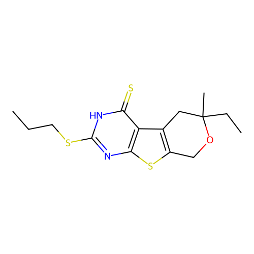 6-ethyl-6-methyl-2-(propylsulfanyl)-5,8-dihydro-6H-pyrano[4',3':4,5]thieno[2,3-d]pyrimidine-4-thiol structure