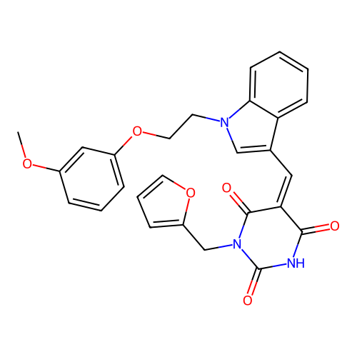 (Z)-1-(furan-2-ylmethyl)-5-((1-(2-(3-methoxyphenoxy)ethyl)-1H-indol-3-yl)methylene)pyrimidine-2,4,6(1H,3H,5H)-trione structure