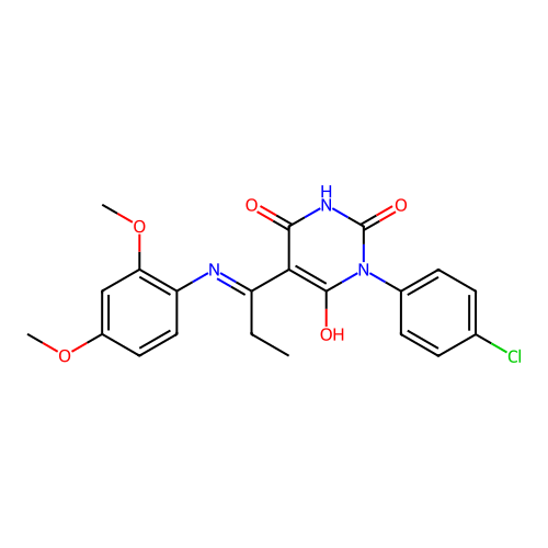 (E)-1-(4-chlorophenyl)-5-(1-((2,4-dimethoxyphenyl)amino)propylidene)pyrimidine-2,4,6(1H,3H,5H)-trione structure
