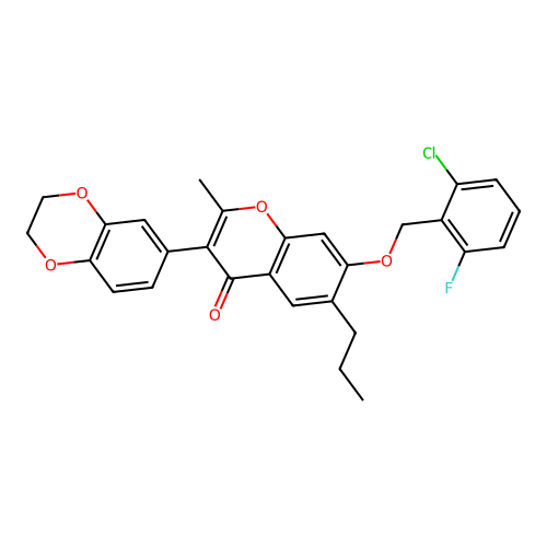 3-(2H,3H-benzo[3,4-e]1,4-dioxan-6-yl)-7-[(2-chloro-6-fluorophenyl)methoxy]-2-m ethyl-6-propylchromen-4-one structure