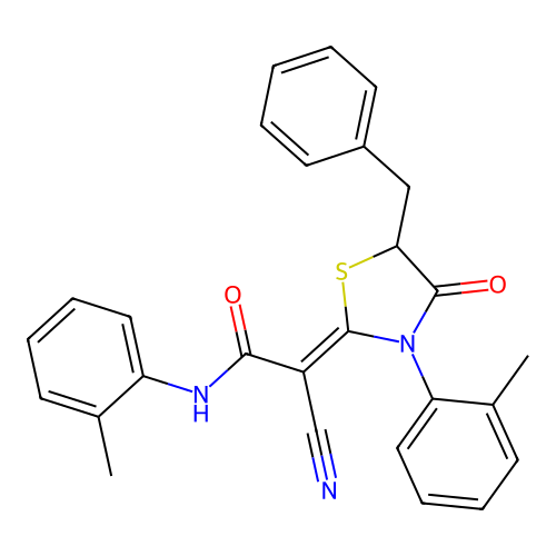 (Z)-2-(5-benzyl-4-oxo-3-(o-tolyl)thiazolidin-2-ylidene)-2-cyano-N-(o-tolyl)acetamide structure