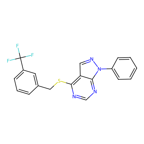 1-phenyl-4-{[3-(trifluoromethyl)benzyl]sulfanyl}-1H-pyrazolo[3,4-d]pyrimidine structure