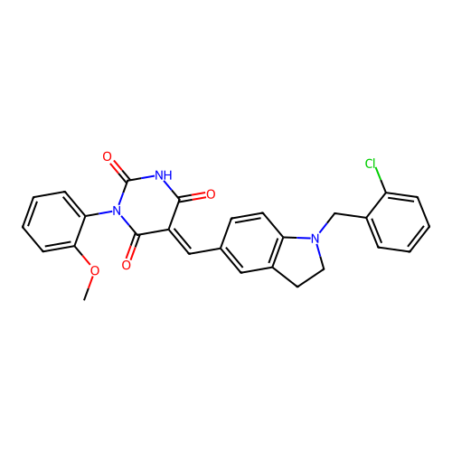 (5E)-5-[[1-[(2-chlorophenyl)methyl]-2,3-dihydroindol-5-yl]methylidene]-1-(2-methoxyphenyl)-1,3-diazinane-2,4,6-trione structure