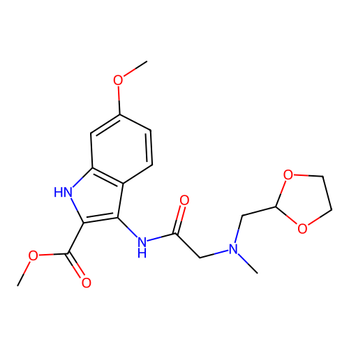methyl 3-(2-(((1,3-dioxolan-2-yl)methyl)(methyl)amino)acetamido)-6-methoxy-1H-indole-2-carboxylate structure